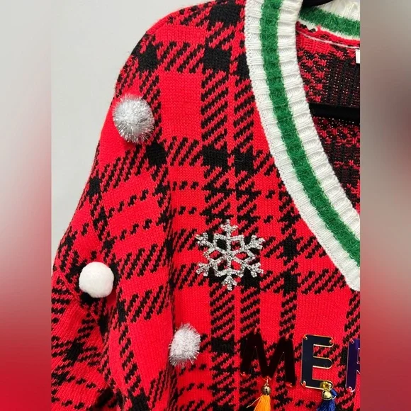 Merry Christmas 3-D Spell Out Embellished Plaid Holiday UGLY Sweater Bling - Picture 5 of 6